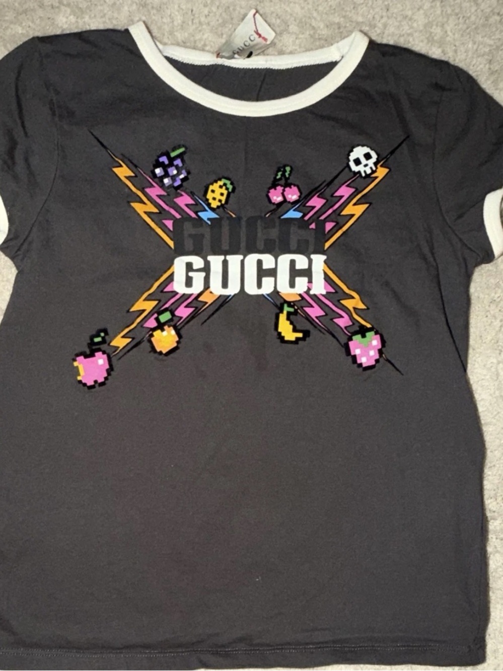 Gucci Black Ringer Tee with Multicolor Pixel Fruit & Lightning Graphic